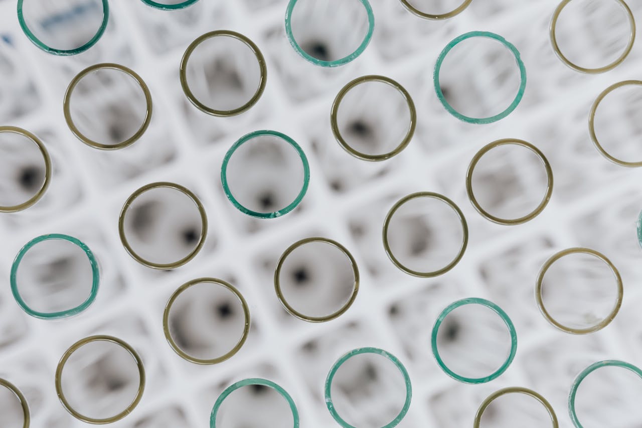 Aerial view of empty test tubes in a lab rack, scientific research.